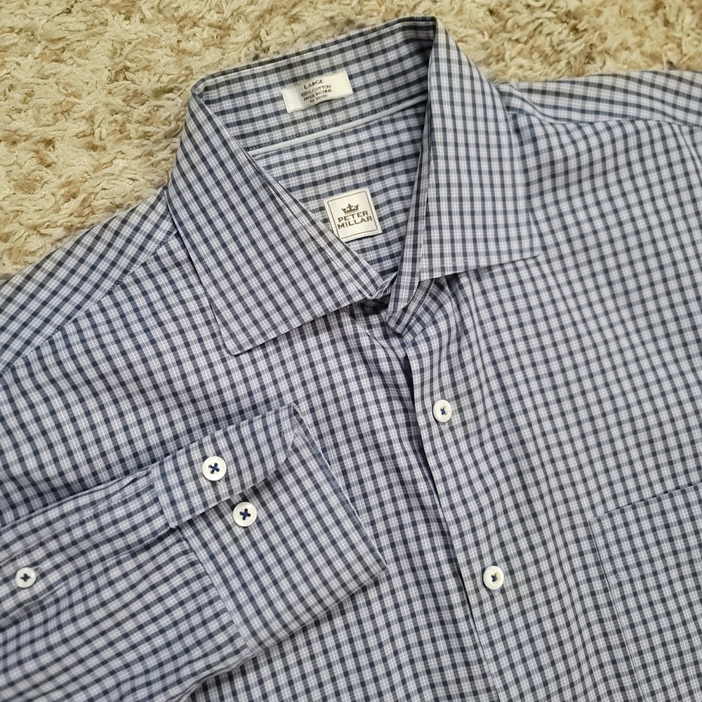Peter Millar Button Down Shirt Mens Large Navy Purple Gingham Check MS16W07CSL